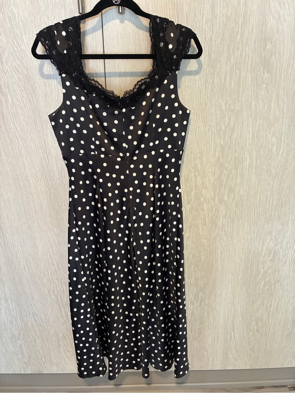 Adrianna Papell Black and White Polka Dot Lace-Trim Midi Dress
